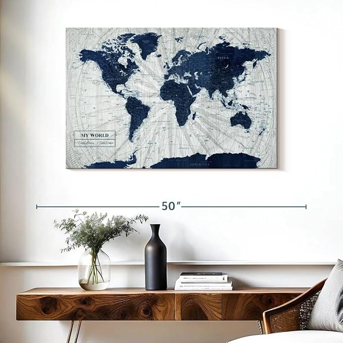 ElephantStock - My World Push Pin Map V Wall Art - Horizontal Canvas Wall Art - Living Room Wall Decor - Unique Map Canvas Art - Gray And Blue Decor - 39" x 26"
