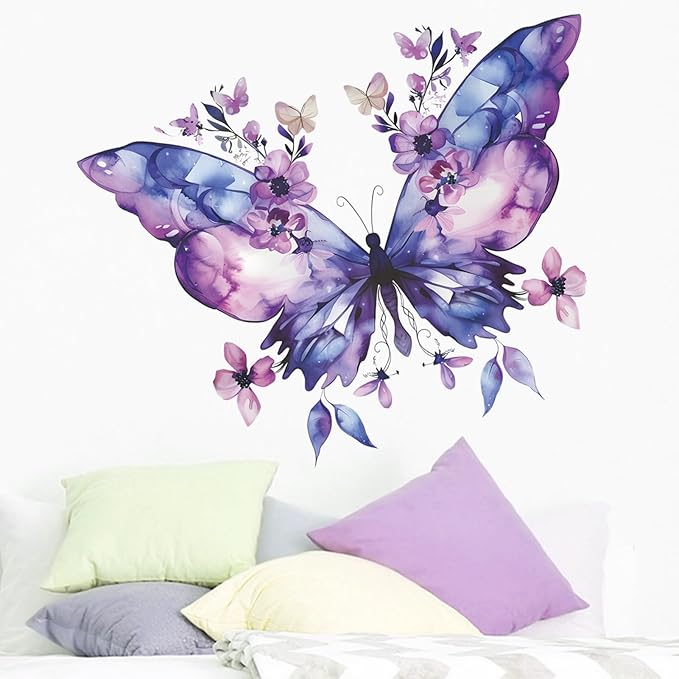 Purple Butterfly Flower Wall Decals Large Blue Butterfly Stickers Colorful Art Decal Removable Peel and Stick Butterflies Wall Decor for Kids Girls Bedroom Nursery Bathroom Decorations