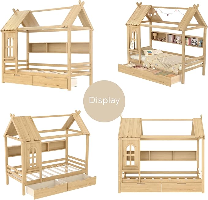 Twin House Bed with Drawers and Window, Solid Wood House Platform Bed with Shelves, Twin Bed Frame with House-shaped Roof for Kids, Boys, Girls, No Box Spring Needed and Childlike Design, Natural