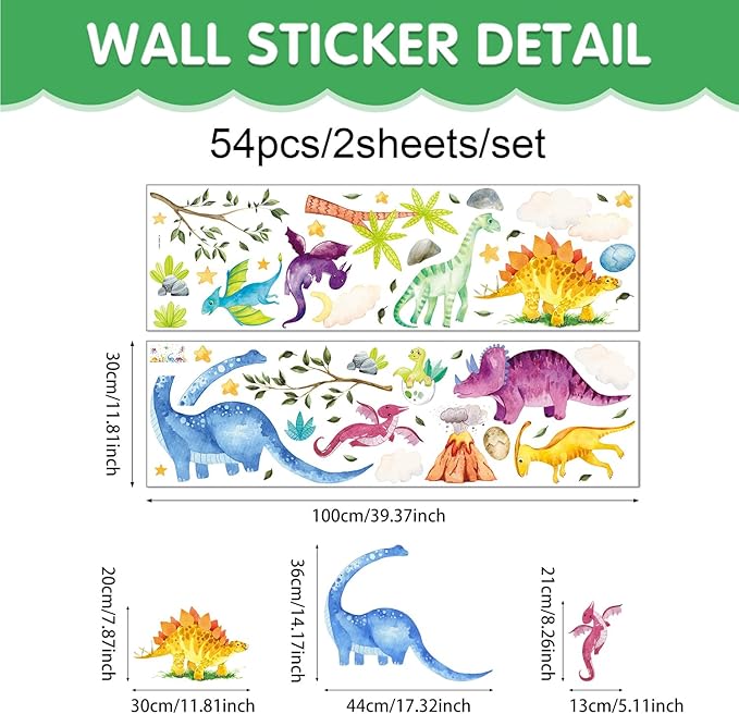 Watercolor Dinosaur Wall Decals, Cartoon Cute Dino Volcanic Wall Stickers, Peel and Stick Star Cloud Wallpaper for Baby Nursery Boys Bedroom Playroom Wall Decor