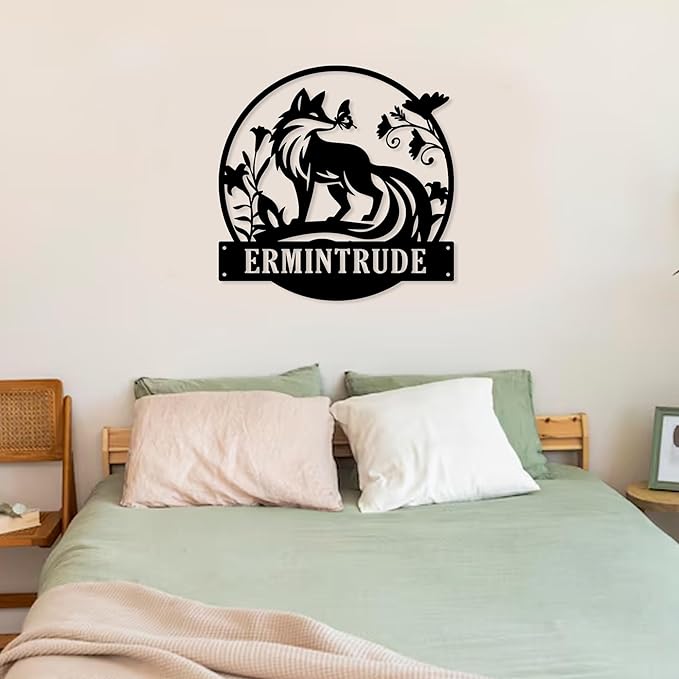 Custom Fox Flower Metal Sign, Animals Cute Black Wall Art, Personalized Wall Decor for Living Room, Bedroom/Bathroom/Kitchen/Office/Home