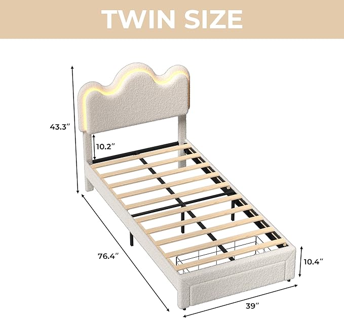 Twin Upholstered LED Bed Frame with Storage Drawers Girls Bed with Flower Headboard Boucle Princess Platform Bed Frame for Kids/Girls Strong Wood Slat Support,No Box Spring Needed,Easy Assembly