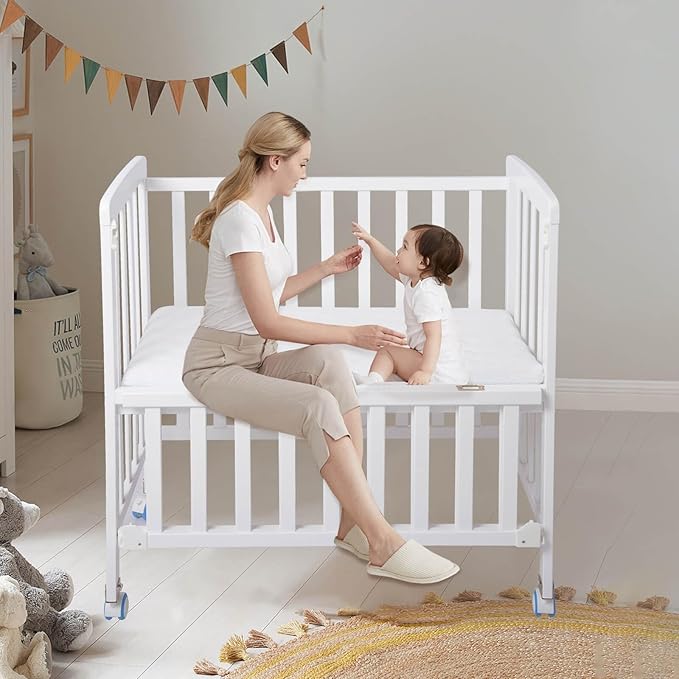 Baby Bassinets Bedside Sleeper - Portable Pine Wood Bedside Bassinet,6 Heights Small Mini Crib with Mattress,Space-Saving Design Baby Crib for Newborns,White