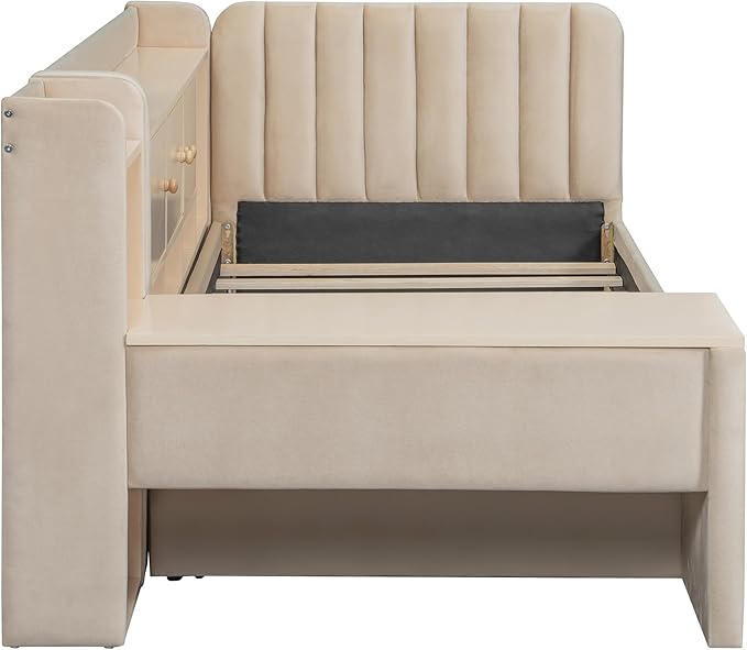 Twin Size Daybed with Desk, Storage Drawers and L-Shaped Bookshelf Headboard, Velvet Upholstered Soft Corner Bed with Flip Cabinets and Shelves for Kids Boys Girls, Beige