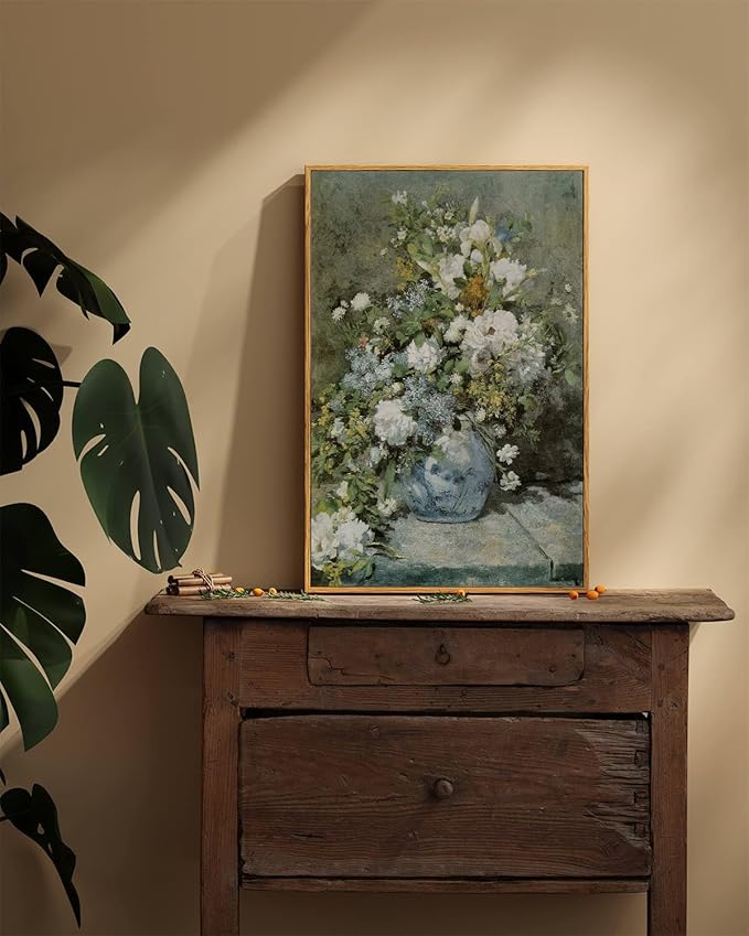 ARPEOTCY Framed Canvas Print Wall Decor, Vintage French Flower Spring Botanical Wall Art Home Decor, Ceramic Vase Floral Farmhouse Large Oil Painting for Living Room, Office Decoration, 16x24 inch
