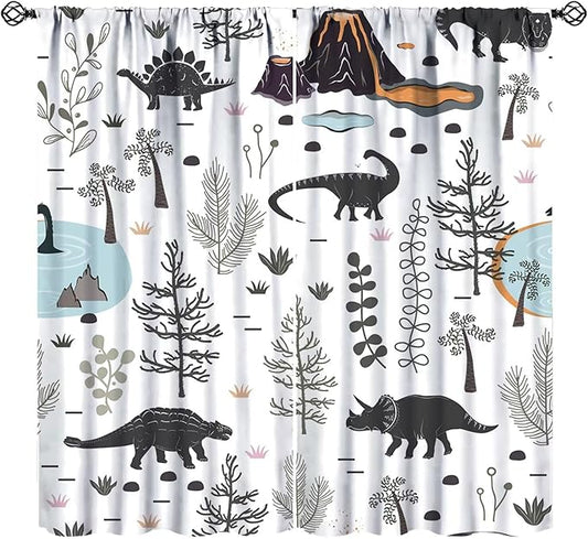 Funny Dinosaur Curtains Cute Dino Cartoon Animals Abstract Aesthetics Art Print for Kids Girls Boys Bedroom Living Room Rod Pocket Decoration Window Drapes 2 Panels W31.5xL63in