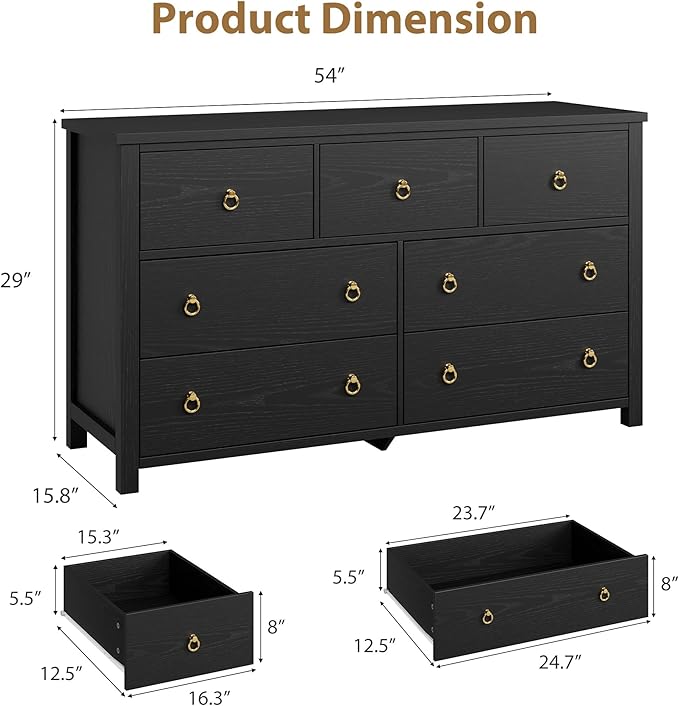 IDEALHOUSE Dresser for Bedroom with 7 Drawers, 54'' Wide Chest of Drawers with Large Clothes Storage Cabinet, Wood Bedroom Dresser, TV Stand for Nursery, Living Room, Hallway, Black