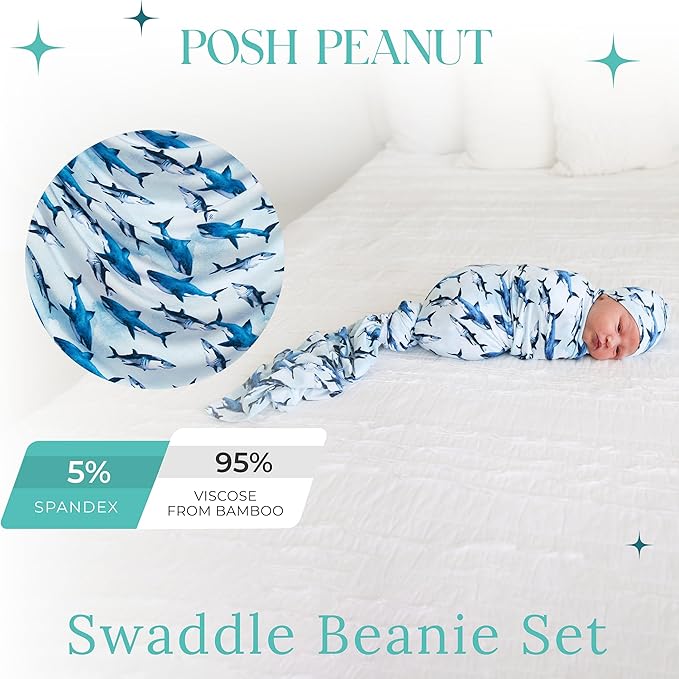 Posh Peanut Baby Swaddle Blanket & Beanie - Matching Newborn Swaddle Set, Doubles As Receiving Blanket or Nursing Cover (Sharks)