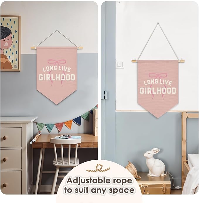 Wheatwin Girls Room Decor, Long Live Girlhood Wall Hanging Pennant Flag Banner, Coquette Pink Bow Preppy Wall Decor for Toddler Nursery Baby Girls Room Bedroom Dorm Apartment 15x11 Inch