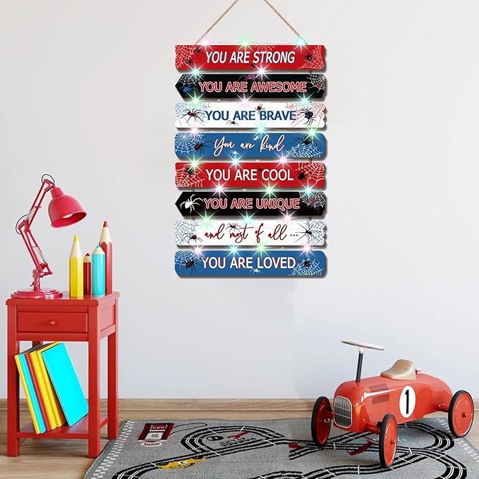 Spider Room Decor with LED Lights Bedroom Boys Room Wall Decor Children Inspirational Motivational Wall Art Wooden Wall Decor Little Boy Kids Room Interior Decor Toddler Room Sign
