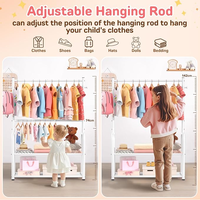 Kids Clothing Rack with 2-Layer Storage Shelf and 2 Adjustable Hanging Rods, Small Baby Closet Organizer for Hanging Clothes, Kids Dress Up Rack for Child (Classic, White)