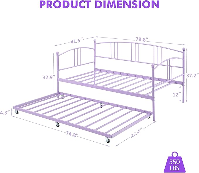 GarveeHome Daybed with Trundle, Sturdy Metal Day Bed with Steel Slat Support, Trundle Bed Twin with Arched Headboard, SofaBed for Living Room, Bedroom and Guest Room, Purple