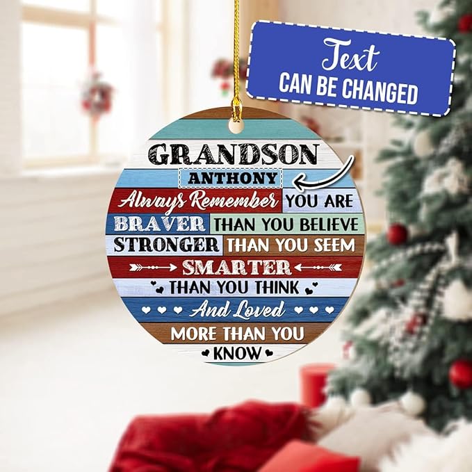 wowcugi Personalized Grandson Ornament for Christmas Tree Custom Inspirational Grandsons Wood Ornaments Xmas Tree Decorations Keepsake Gifts for Grandbaby from Grandparent Grandpa Grandma