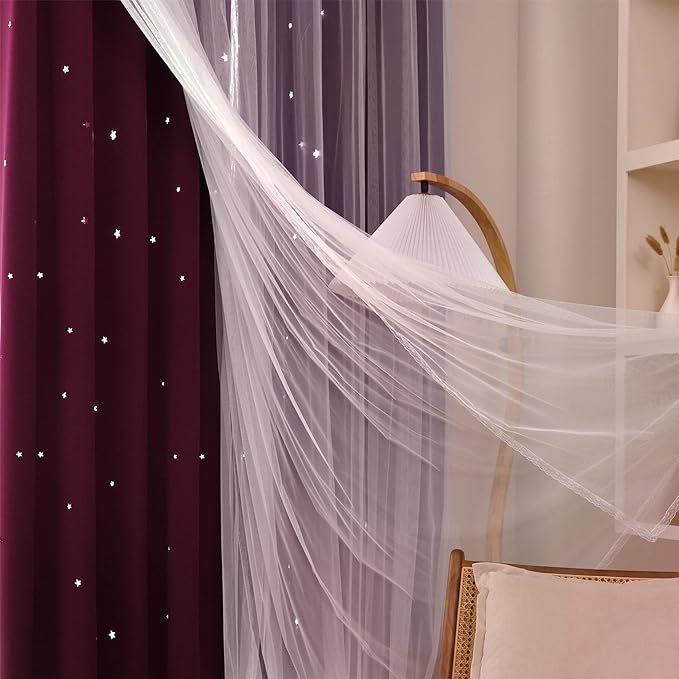 Kinryb Kids Blackout Curtains for Bedroom/Living Room/Classroom, Sheer Overlay 2 Free Tiebacks, Double Layer Curtains with Star Cutout for Kids Room(Each Piece W 70 x L 84 Inches 2 Pcs Red)