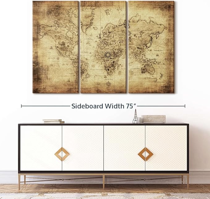 ElephantStock Ancient World Map Wall Art Multi Piece Canvas - 3 Piece Canvas World Map Wall Decor - Wall Decor - Ready-to-Hang Print - Vintage Wall Art - 65" X 42"