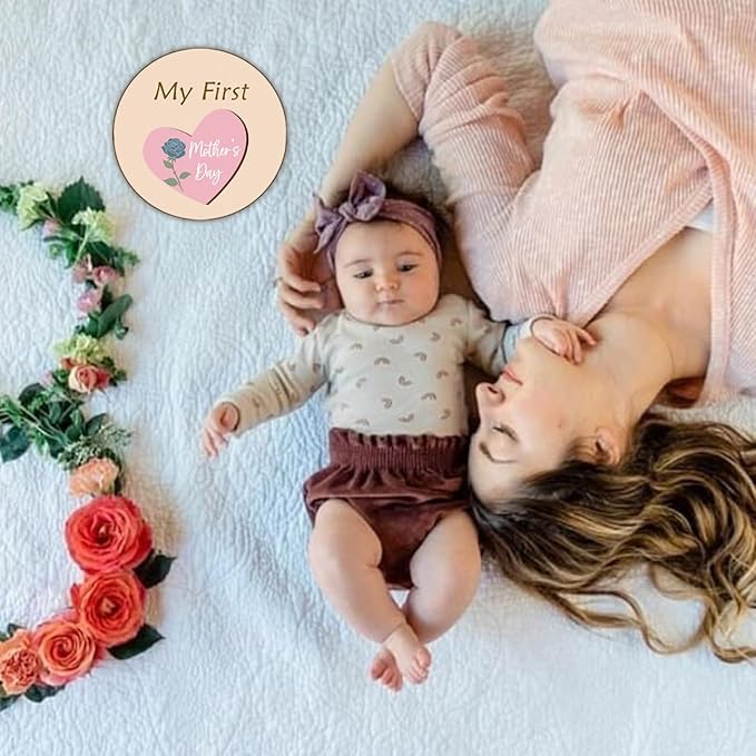 Monthly Baby Milestone and First Holiday Signs, Wooden Baby Months Disc Set 1-12, Hello World Newborn Announcement Props (Blue)