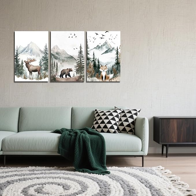SANGGUOBIN Woodland Animal Wall Art Set of 3 Deer Bear Fox Watercolor Prints Wildlife Forest Canvas Vintage Natural Adventure Landscape Poster for Nursery Bedroom Decor(Green-1,11x14inchx3)
