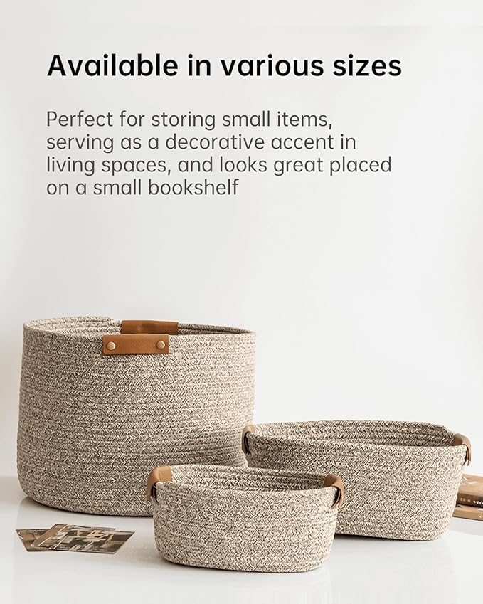 Medium Cotton Woven Basket with PU Leather Handle, Baby Kids Clothes Toys Candy Gifts Cotton Rope Organizer, Living Room Basket Bathroom Shower Storage Laundry Basket, Dog Cat Bed, Cute Decor, Black