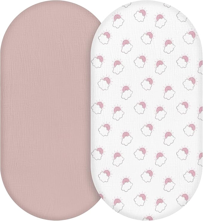 Muslin Bassinet Fitted Sheets, 2 Pack for Baby Boy and Girl, Soft Breathable Baby Pad/Mattress Sheet, Fit for Hourglass Oval and Rectangle Bassinet Mattress (Pink Cloud)