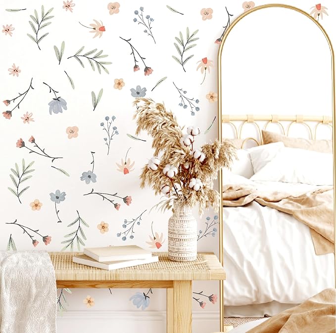 Boho Floral Wall Decals Small Flower Leaf Wall Sticker Botanical Plant Green Leaves Wall Decals Removable Tree Leaf Decal Boho Floral Stickers for Nursery Girls Room Bedroom Decor