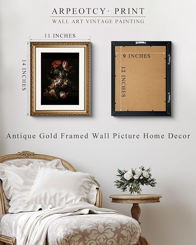 ARPEOTCY Vintage Gold Framed Wall Art, Retro Still life Floral Flowers in a Bowl Canvas Prints Artwork with Antique Frame, Victorian Wall Paintings Decor for Living Room Gallery, 11x14 inch