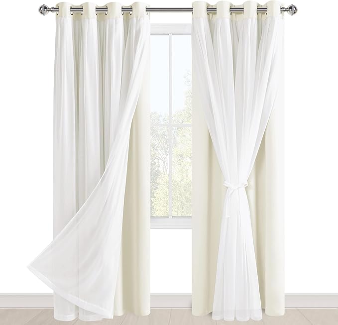 Hiasan Blackout Curtains with Sheer Overlay, Grommet Thermal Insulated Mix & Match Double Layer Window Curtains for Bedroom, Living Room, 2 Drape Panels Sewn with Tiebacks, Ivory, 52W X 84L