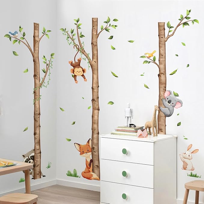 Large Birch Tree and Jungle Animals Wall Decals, Cartoon Fox Money Loala Raccoon Wall Stickers Peel and Stick Wall Decal Waterproof Wall Art Sticker for Baby Nursery Kids Room Home Decor (H: 63 in)