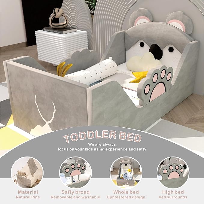 Toddler Beds, Child Bed for Kids with Extra Safty Broad, Standard Crib Size AnimalToddler Beds, Certified Fabric Toddler Beds,Toddler Floor Beds (Koala)
