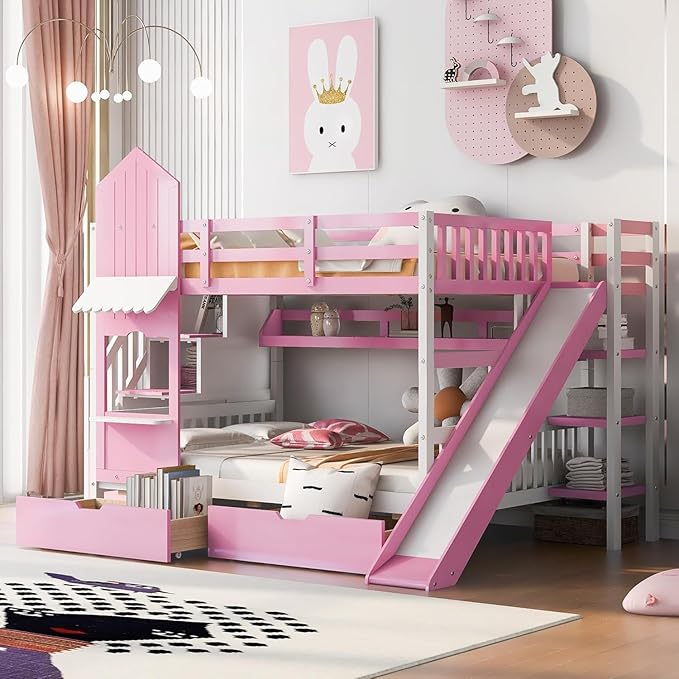 MERITLINE Full Over Full Castle Bunk Bed with Slide,Stairs and Drawers,Solid Wood Floor House Princess Bunk Bed with Storage Shelves (Pink,Full Over Full)