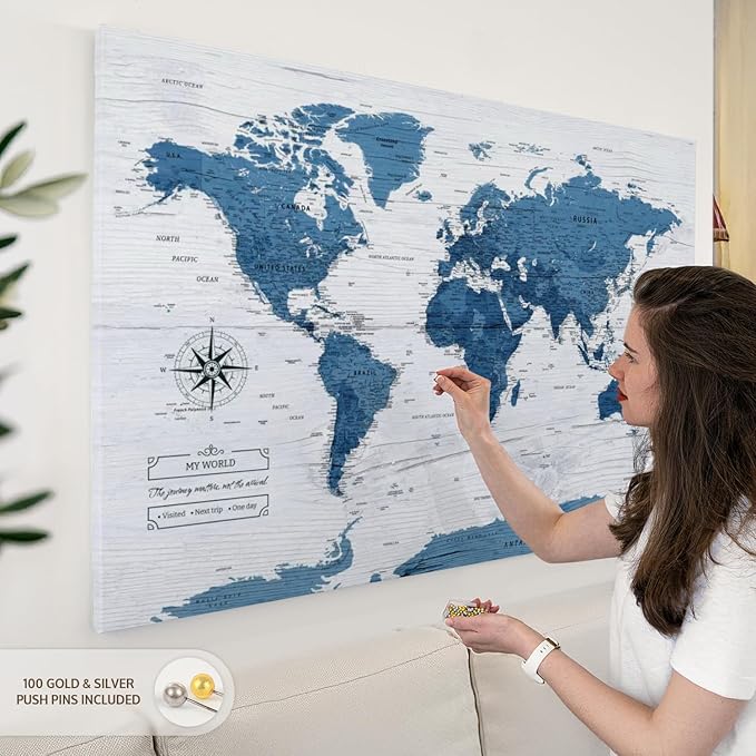 ElephantStock - My World Push Pin Map IV Wall Art - Horizontal Canvas Wall Art - Living Room Wall Decor - Unique Map Canvas Art - Blue And Decor - 51" x 34"