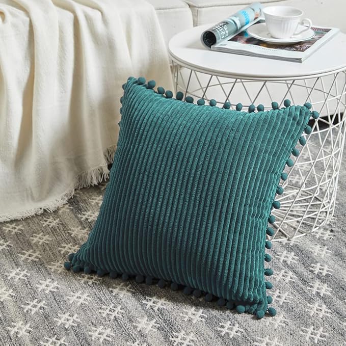 Fancy Homi 2 Packs Teal Decorative Throw Pillow Covers 20x20 Inch with Pom-poms for Living Room Couch Bedroom, Soft Corduroy Solid Square Cushion Case 50x50 cm, Rustic Farmhouse Home Decor