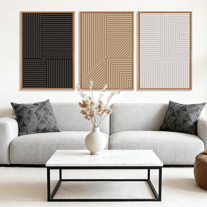 HLNIUC Large Black and White Neutral Wall Art 3 Piece, Boho Abstract Canvas Wall Decor, Minimalist Geometric Line Painting, Mid Century Modern Art Print for Living Room, Bedroom, Office 16x24 In