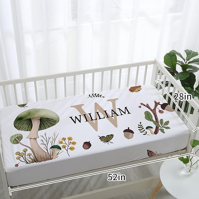 Custom Baby Crib Bedding Set - Mushroom Design Personalized Name Baby Nursery Bedding 3 Pcs Set - Chic Soft Blanket, Fitted Sheet, Room Rug for Newborns Boys Girls Gifts
