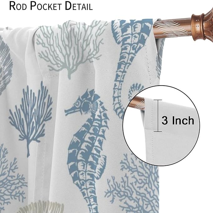 Seahorse Coral Curtains,Starfish Seashell Beach Sea Starfish Seashell Theme Pattern Blackout Print Home Bedroom Living Room Window Treatmen 2 Panel Set 52x84 Inch