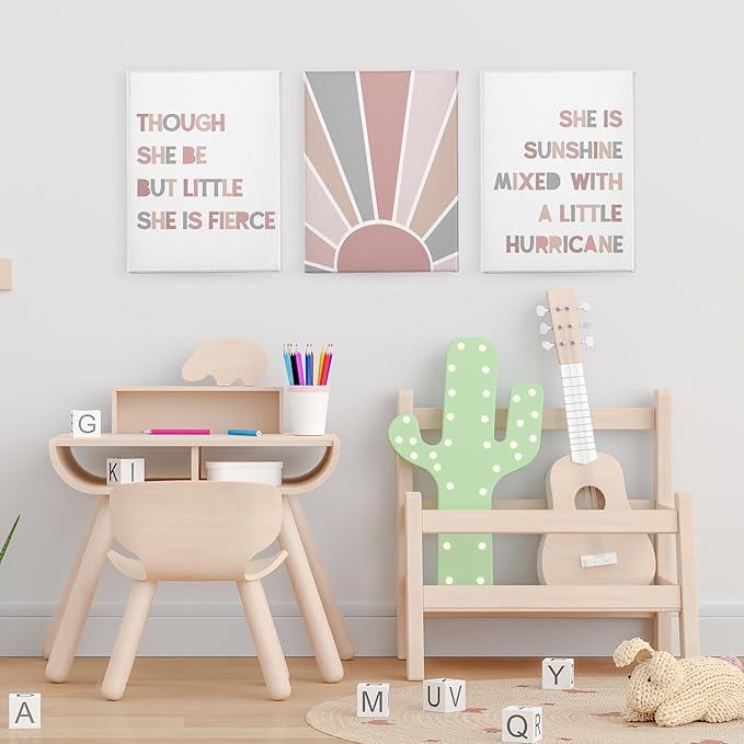 PHAMTE Nursery Boho Girls Bedroom Wall Art Decor Set of 3, She is Sunshine Mixed with a Little Hurricane Sunshine Sun Print Framed Canvas Painting Artwork for Room Bedroom Home Playroom(11x14 Inch)
