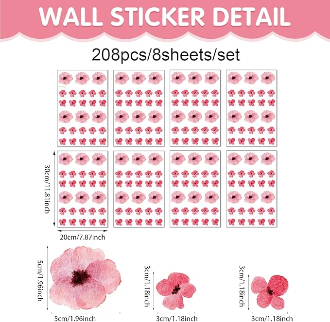 208Pcs Boho Flower Wall Stickers, Peel and Stick Pink Floral Wall Decals, Removable Neutral Watercolor Wildflower Blossom Window Clings for Girls Bedroom Living Room Offices Home Decoration