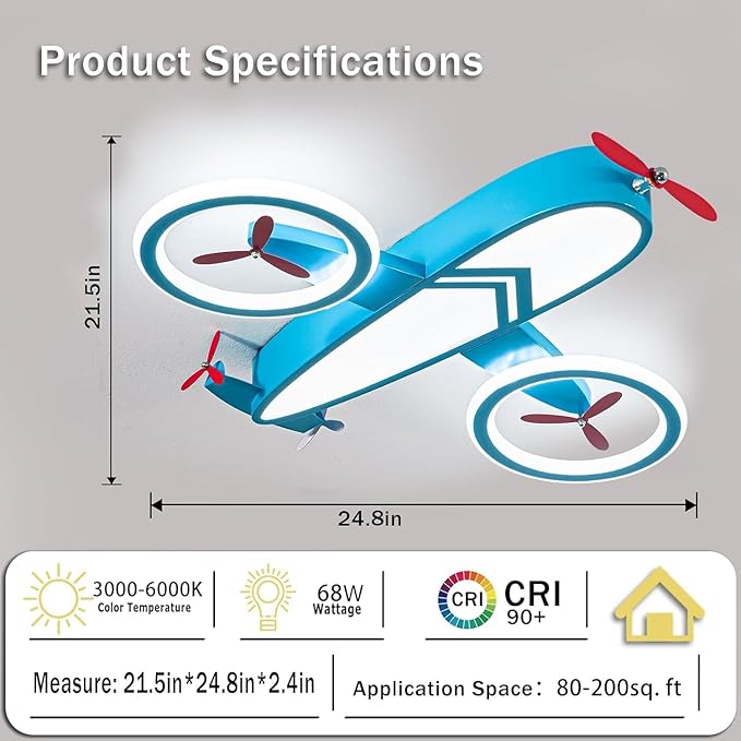 Kids Ceiling Lights for Bedroom Blue Airplane Light Fixture Mount 24.8" Kitchen Ceiling Light Fixtures 3000K-6000K with Remote 68W Flush Mount LED Lamp for Kids Room