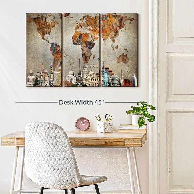 ElephantStock Rusty World Map Multi Piece Canvas - 3 Piece Canvas World Map Wall Decor - Wall Decor, Ready-to-Hang Vintage Wall Art - 38" X 24"