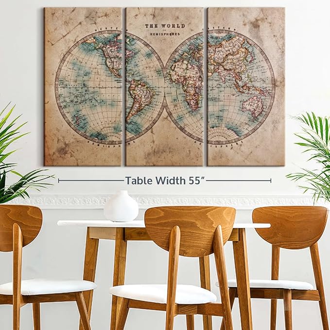 ElephantStock Hemisphere Map Wall Art Multi Piece Canvas - 3 Piece Canvas World Map Wall Decor - Wall Decor Print - Vintage Wall Art - 57" X 36"