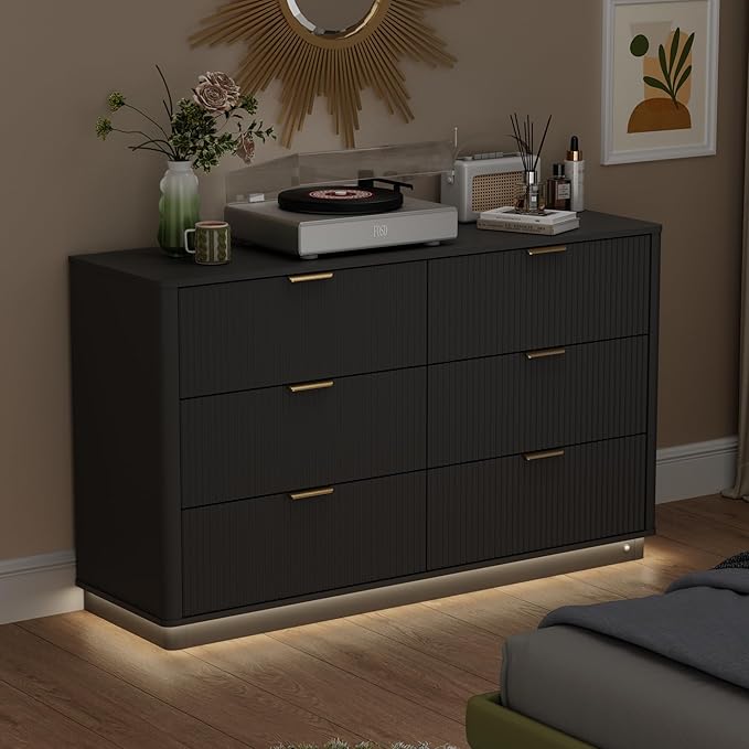 Fluted Dresser for Bedroom with 6 Drawers, 54" Wide Modern Chest of Drawers with Lighting, Wooden Dresser TV Stand with Curved Edges, Closet Organizer for Living Room, Hallway, Black