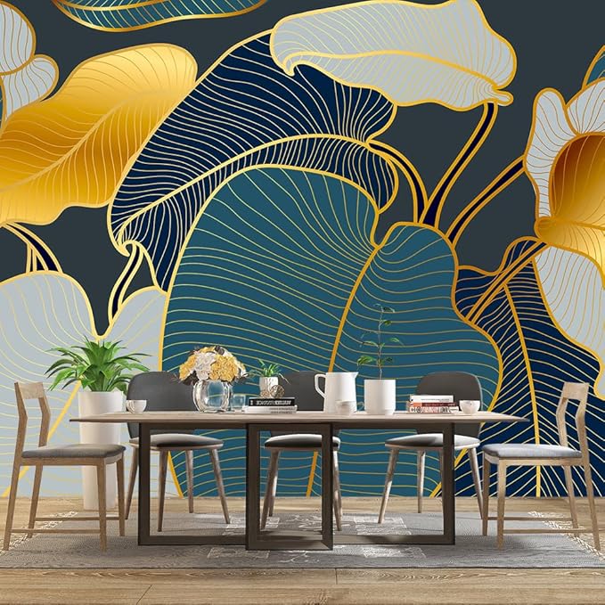 Golden Botanical Leaf wallpeper Living Room Bedroom Wall Mural - 160"x108"（Not Peel and Stick）