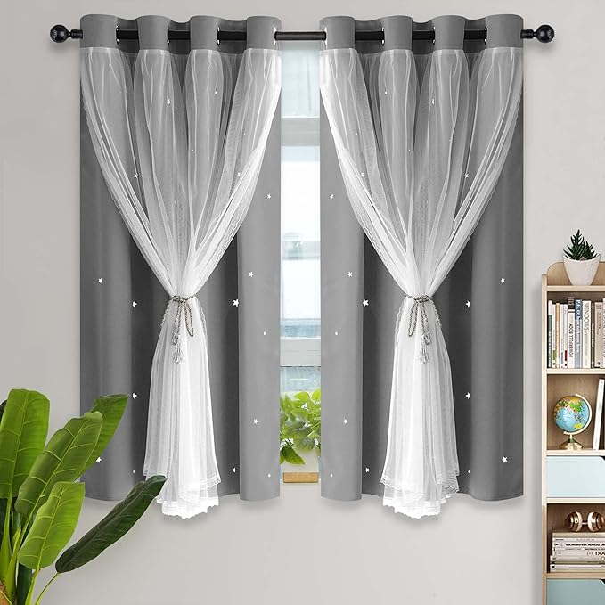 Kinryb Blackout Curtains for Girl Bedroom/Living Room/Classroom, Sheer Overlay Small 2 Panel Set, Double Layer Curtains with Star Cutout for Kids Room(W 52 x L 45 Inches,Grey 2 Pcs)