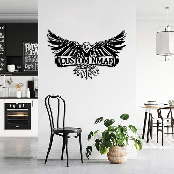 Personalized Eagle Metal Wall Art, Custom Name Sign, 8-24 Inch Black Iron Wall Decor for Indoor Outdoor, Nature-Themed Home Decoration