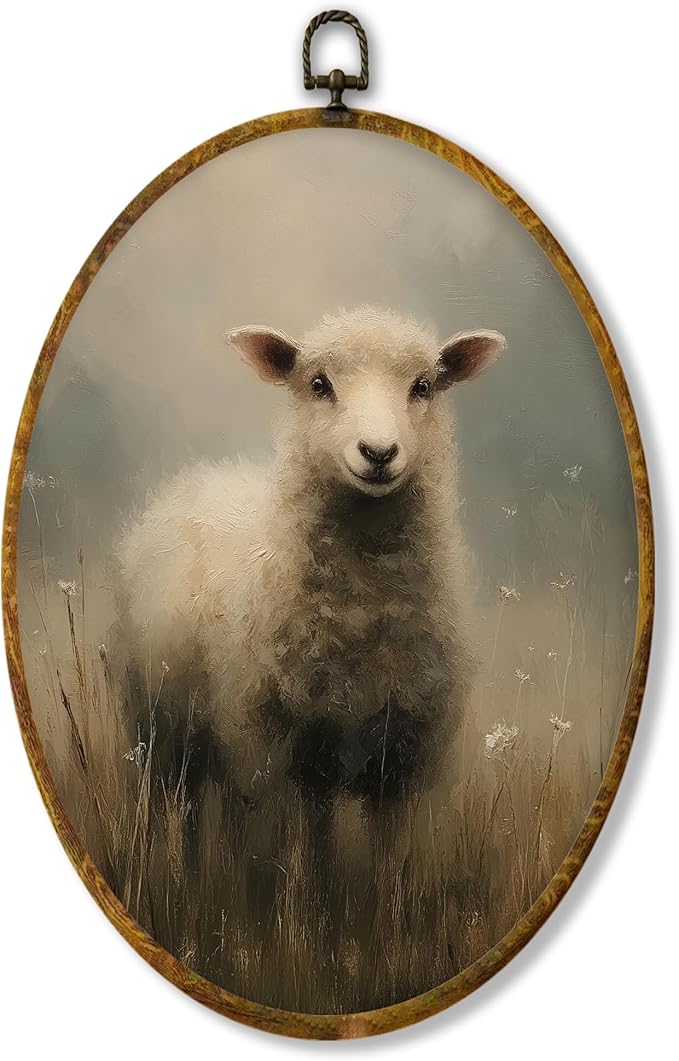 Hiuwevt Vintage Sheep Oval Wall Art Decor, Neutral Cottagecore Lamb Framed Canvas Prints, Rustic Farmhouse Animal Oval Wall Hanging Decor for Farm Home Bedroom Decorations, 8.6x11.4 Inches