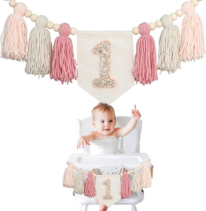 Handmade Boho Pink 1st Birthday High Chair Banner First Highchair Banner For Baby Girls Wall Hangings Wood Bead Tassel Garland 1 Birthday Party Decorations Cake Smash Photo Props