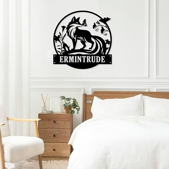 Custom Fox Flower Metal Sign, Animals Cute Black Wall Art, Personalized Wall Decor for Living Room, Bedroom/Bathroom/Kitchen/Office/Home