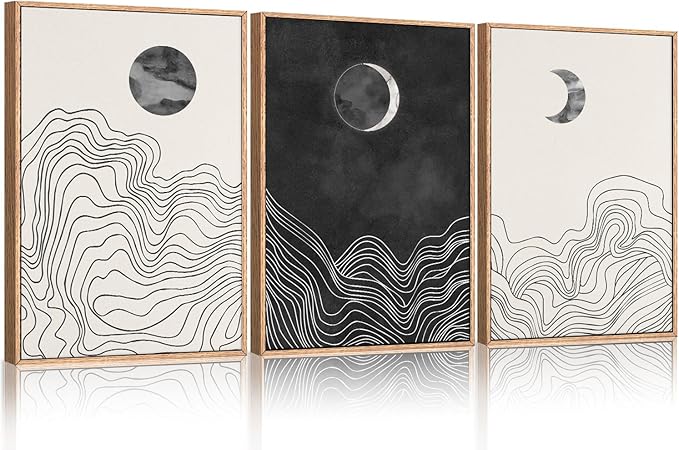 HLNIUC Black and White Abstract Wall Art Set of 3, Large Boho Framed Canvas Decor(16x24), Modern Celestial Sun Moon Painting, Geometric Line Mountain Art Print for Living Room, Bedroom, Office