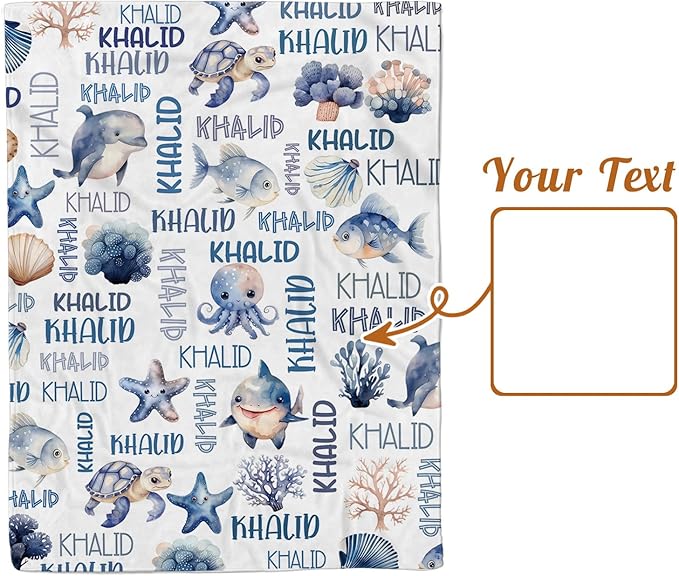Personalized Baby Blanket with Name, Customized Blanket for Newborn Boys Girls, Ocean Animals Flannel Baby Name Blanket with Dotted Backing, Receiving Swaddle, Gifts for New Parents(60" x80)