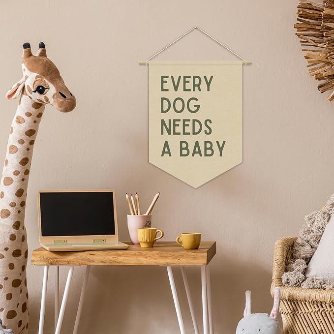 Every Dog Needs a Baby Linen Canvas Banner, Baby Shower Decor, Pregnancy Announcement Babe Gender Reveal Shower Wall Hanging Pennant Flag Banner for Newborn Room Bedroom Playroom, 15x11in