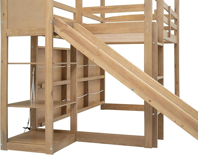 Playful Twin Size Wood House Loft Bed with Slide and Climbing Ramp, Multiple-Function Low Loft Bed Frame with Storage Shelves and Light for Kids Teens Boys Girls Bedroom (Wood-C)